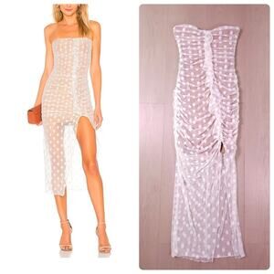 Majorelle Strapless Polka Dot Ruched Mesh Maxi Dress XS Nude White Ruffle Front